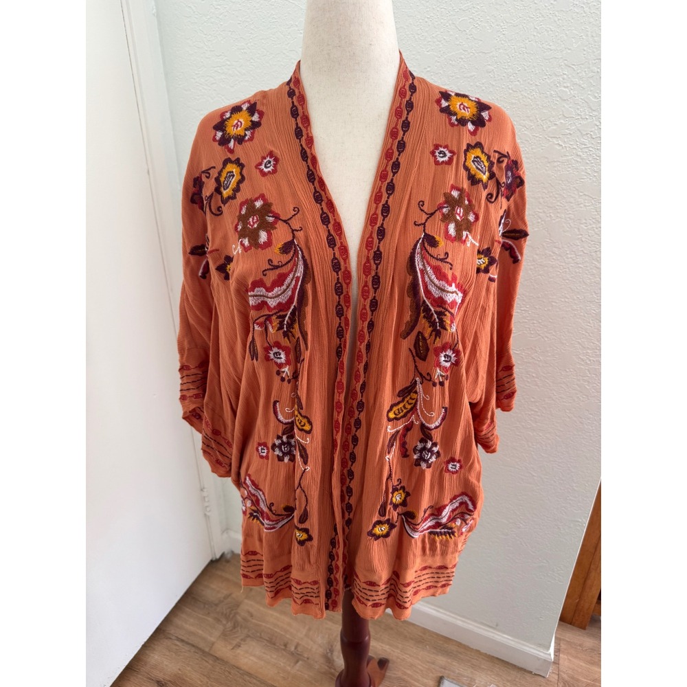 Curations Embroidered Floral Kimono Duster Cardigan Rust Orange XS/SM Boho Fall